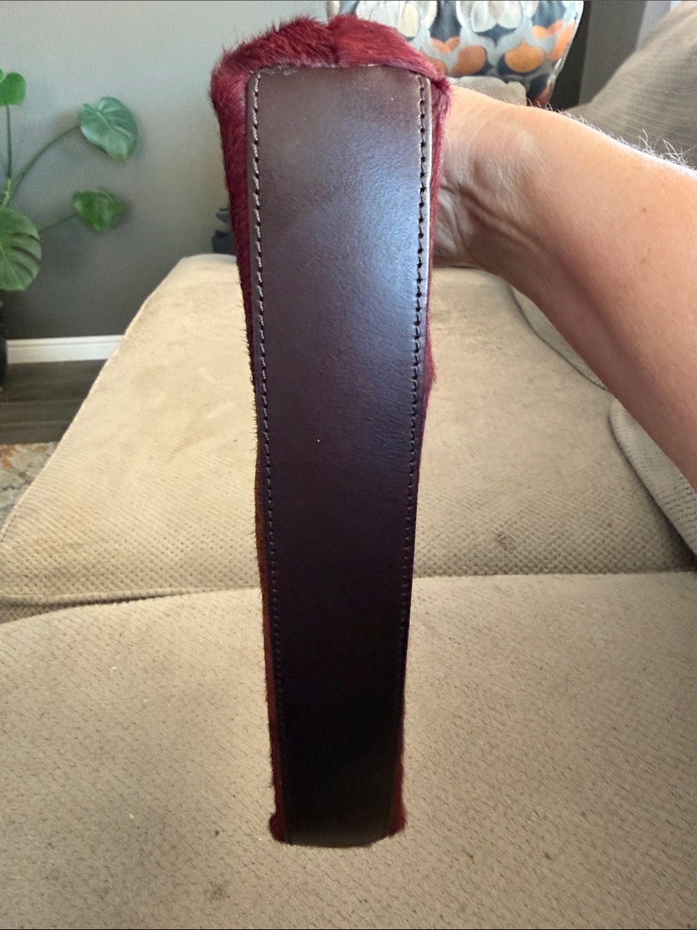 Maxx New York Burgundy Haircalf Shoulder Bag with Brown Trim - Picture 3 of 5